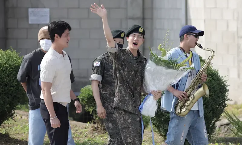K-pop boy band BTS member Jin leaves after being discharged from the military in Yeoncheon, South Korea. via Yonhap