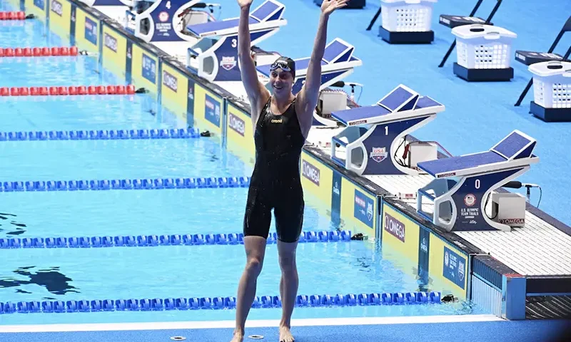 Gretchen Walsh celebrates after setting a world record in the women's 100 meter butterfly semifinals during the 2024 U.S. Olympic Team Trials at Lucas Oil Stadium. Robert Goddin-USA TODAY Sports/File Photo