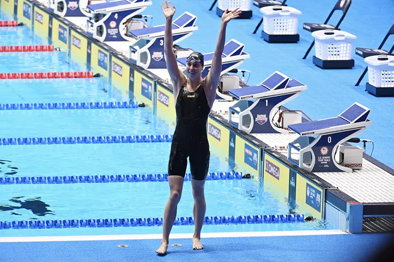 Gretchen Walsh celebrates after setting a world record in the women's 100 meter butterfly semifinals during the 2024 U.S. Olympic Team Trials at Lucas Oil Stadium. Robert Goddin-USA TODAY Sports/File Photo