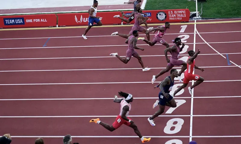 Noah Lyles (6) wins the 100m in 9.83 during the US Olympic Team Trials at Hayward Field. From top: Christian Miller (9), Fred Kerley (8), Kenny Bednarek (7), Courtney Lindsey (5), Christian Coleman (4), Brandon Hicklin (3), JT Smith (2) and Kendal Williams (1). Mandatory Credit: Kirby Lee-USA TODAY Sports