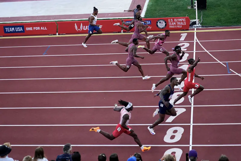 Noah Lyles (6) wins the 100m in 9.83 during the US Olympic Team Trials at Hayward Field. From top: Christian Miller (9), Fred Kerley (8), Kenny Bednarek (7), Courtney Lindsey (5), Christian Coleman (4), Brandon Hicklin (3), JT Smith (2) and Kendal Williams (1). Mandatory Credit: Kirby Lee-USA TODAY Sports