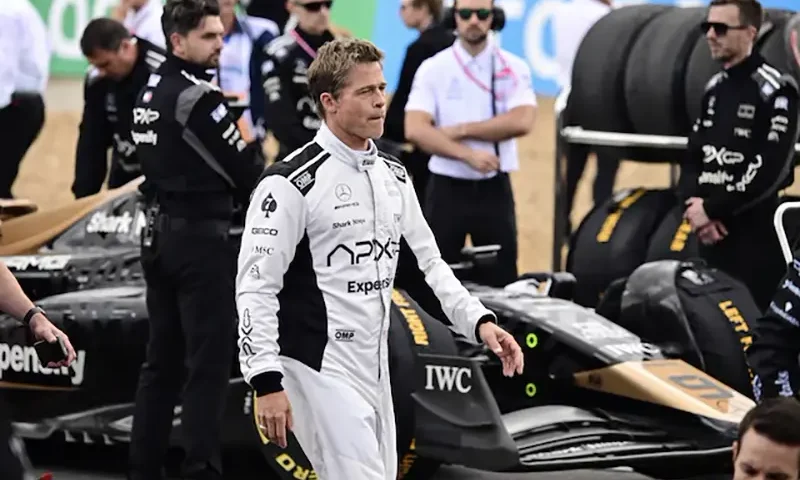 Actor Brad Pitt during the filming of an F1-inspired movie Pool via REUTERS/Christian Bruna