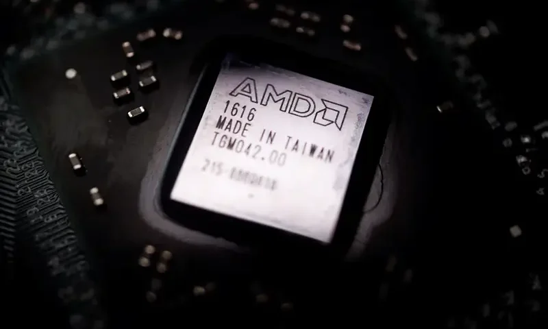 The logo of semiconductor company Advanced Micro Devices Inc (AMD) is seen on a graphics processing unit (GPU) chip in this illustration picture taken February 17, 2023. REUTERS/Florence Lo/Illustration/File photo