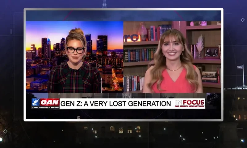 Video still from In Focus on One America News Network showing a split screen of the host on the left side, and on the right side is the guest, Tierin-Rose Mandelburg.