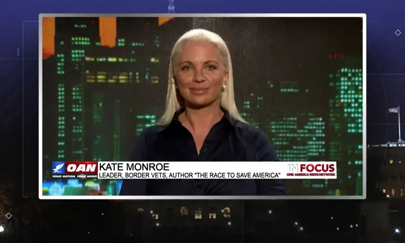 Video still from In Focus on One America News Network during an interview with the guest, Kate Monroe.