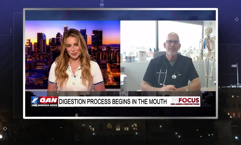 Video still from In Focus on One America News Network showing a split screen of the host on the left side, and on the right side is the guest, Dr. Jeff Barke.