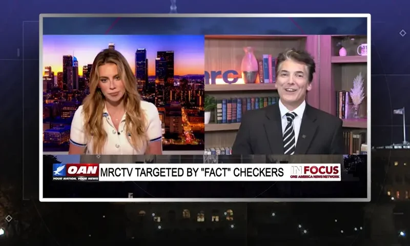 Video still from In Focus on One America News Network showing a split screen of the host on the left side, and on the right side is the guest, Eric Scheiner.