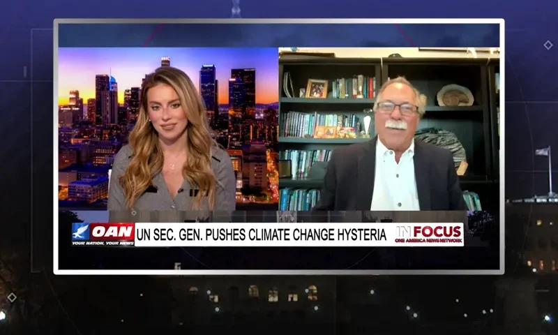 Video still from In Focus on One America News Network showing a split screen of the host on the left side, and on the right side is the guest, Gregory Wrightstone.