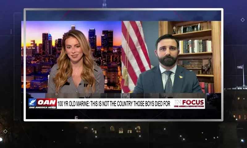 Video still from In Focus on One America News Network showing a split screen of the host on the left side, and on the right side is the guest, Cameron Hamilton.
