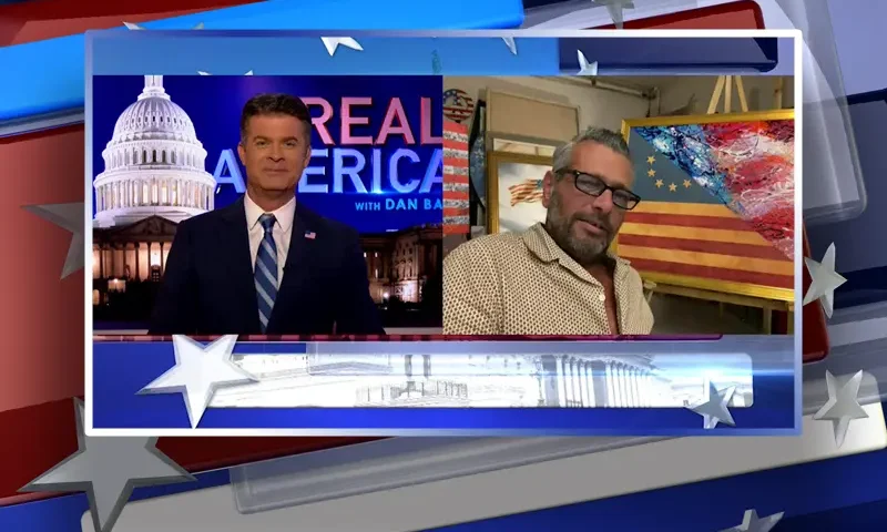 Video still from Real America on One America News Network showing a split screen of the host on the left side, and on the right side is the guest, Scott LoBaido.