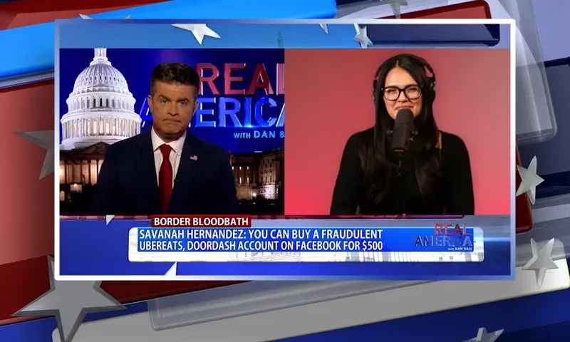 Video still from Real America on One America News Network showing a split screen of the host on the left side, and on the right side is the guest, Savanah Hernandez.