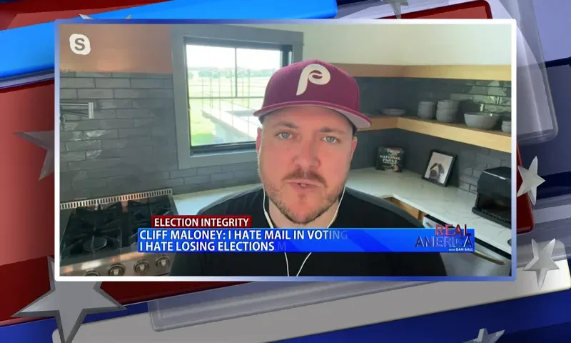 Video still from Real America on One America News Network during an interview with the guest, Cliff Maloney.