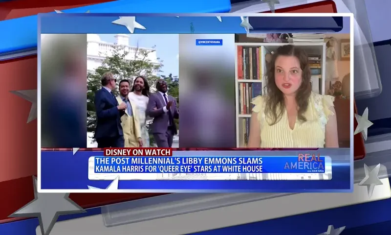 Video still from Real America on One America News Network during an interview with the guest, Libby Emmons.