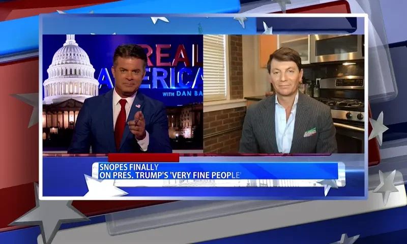 Video still from Real America on One America News Network showing a split screen of the host on the left side, and on the right side is the guest, Hogan Gidley.