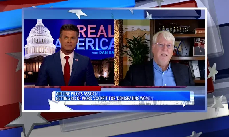 Video still from Real America on One America News Network showing a split screen of the host on the left side, and on the right side is the guest, Joe Hoft.