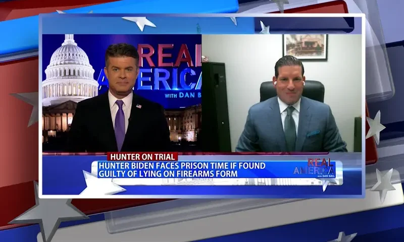 Video still from Real America on One America News Network showing a split screen of the host on the left side, and on the right side is the guest, David Gelman.