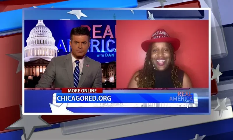 Video still from Real America on One America News Network showing a split screen of the host on the left side, and on the right side is the guest, P Rae Easley.