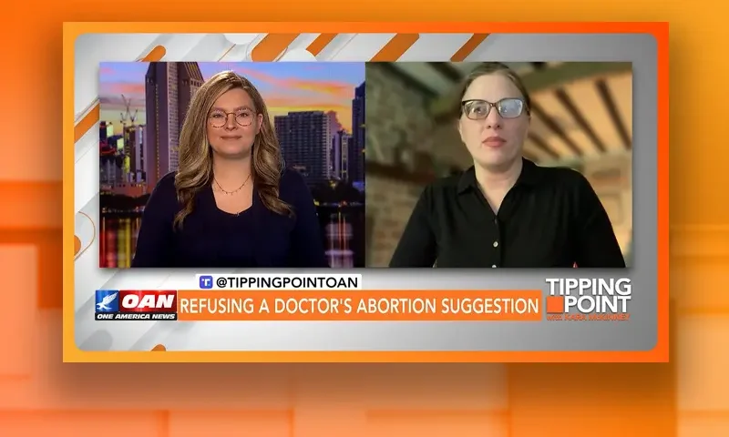 Video still from Tipping Point on One America News Network showing a split screen of the host on the left side, and on the right side is the guest, Sarah St. Onge.