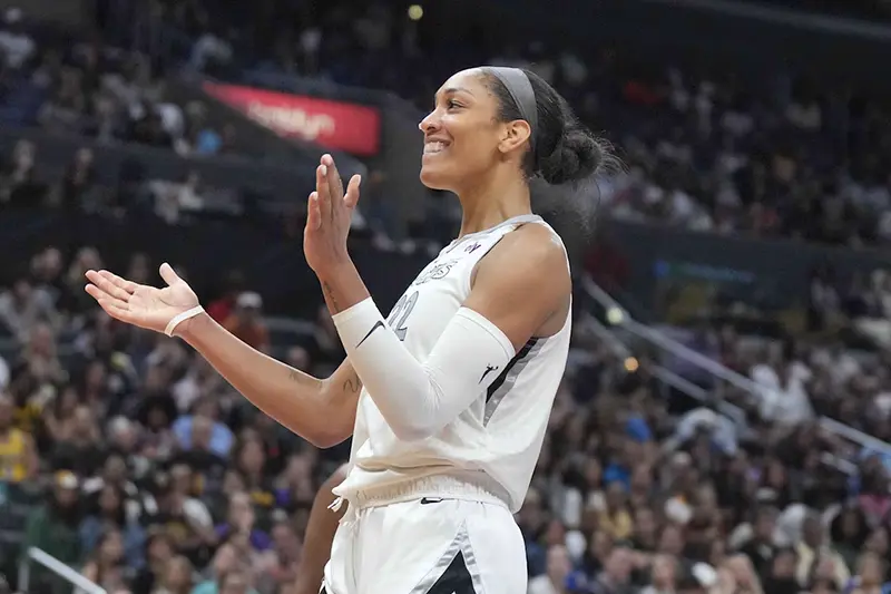 Las Vegas Aces center A'ja Wilson (22) reacts against the LA Sparks in the second half at Crypto.com Arena. Mandatory Credit: Kirby Lee-USA TODAY Sports/File Photo