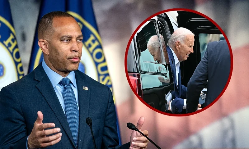 (L) WASHINGTON, DC - JUNE 14: House Minority Leader Hakeem Jeffries (D-NY) speaks during a news conference at the U.S. Capitol on June 14, 2024 in Washington, DC. Jeffries spoke on his Republican colleagues meeting with former President Donald Trump on Capitol Hill the day prior. (Photo by Kent Nishimura/Getty Images) / (R) US President Joe Biden arrives to board Air Force One at Joint Base Andrews in Maryland, on July 12, 2024. Biden travels to Michigan for a campaign event. (Photo by Mandel NGAN / AFP) (Photo by MANDEL NGAN/AFP via Getty Images)