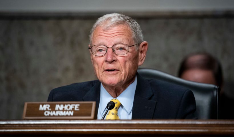 WASHINGTON, DC - MAY 7: Senator Jim Inhofe, a Republican from Oklahoma and chairman of the Senate Armed Services Committee, speaks during a Senate Armed Services Committee confirmation hearing for Kenneth Braithwaite, U.S. President Donald Trumps nominee for navy secretary, May 7, 2020 in Washington, D.C. Committee members may ask Braithwaite whether achieving the administration's goal of a 355-ship fleet over the next decade, up from 299 today, is realistic in light of cost constraints. (Photo by Al Drago/Getty Images)
