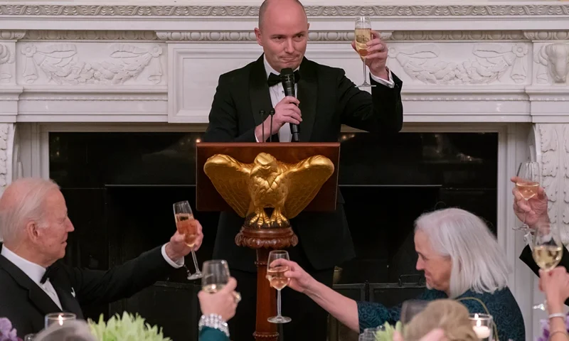 President Biden Hosts Dinner For Nation's Governors Gathered In D.C. For National Governor's Association Winter Meeting WASHINGTON, DC - FEBRUARY 11: U.S. President Joe Biden listens as National Governors Association Vice Chair, Governor Spencer Cox of Utah delivers a toast during a black-tie dinner in the State Dining Room at the White House on February 11, 2023 in Washington, DC. President Biden hosted the dinner as governors gathered in Washington for the National Governor's Association Winter Meeting. (Photo by Nathan Howard/Getty Images)