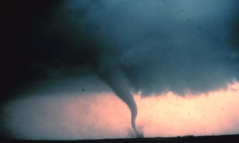 The 'Rope' Stage Of A Tornado View of the 'rope' or decay stage of tornado seen during 'Sound Chase,' a joint project of NSSL and Mississippi State University in Cordell, Oklahoma May 22, 1981. (Photo by NOAA Photo Library/Getty Images)