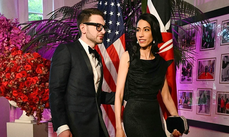 US historian Alex Soros and political staffer Huma Abedin arrives at the Booksellers Room of the White House on the occasion of the State Dinner with the Kenyan president at the White House in Washington, DC, on May 23, 2024. (Photo by SAUL LOEB / AFP) (Photo by SAUL LOEB/AFP via Getty Images)