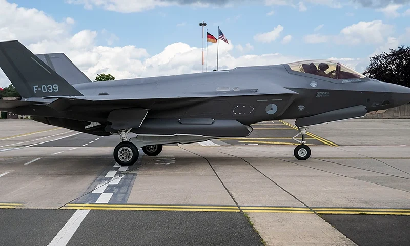 RAMSTEIN-MIESENBACH, GERMANY - JUNE 06: A Lockheed Martin F-35 Lightning II multirole combat airplane of the United States Air Force rolls after a manoeuvre to a hanger at Ramstein Air Base during a day of fighter plane exercises on June 06, 2024 in Ramstein-Miesenbach, Germany. Combat aircraft from NATO countries are duelling today in one versus one exercises hosted at Ramstein. (Photo by Thomas Lohnes/Getty Images)