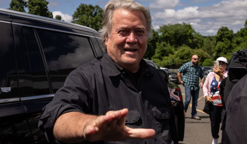 Former White House Chief Strategist Steve Bannon arrives at a press conference outside the federal correctional institution, on July 1, 2024 in Danbury, Connecticut. Former top Donald Trump advisor Steve Bannon is expected to report to prison by July 1 to begin serving his four-month sentence for contempt of Congress. (Photo by Yuki IWAMURA / AFP) (Photo by YUKI IWAMURA/AFP via Getty Images)
