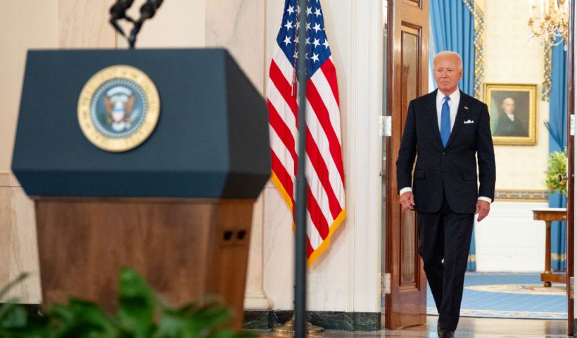 WASHINGTON, DC - JULY 1: U.S. President Joe Biden arrives for a news conference following the Supreme Court's ruling on charges against former President Donald Trump that he sought to subvert the 2020 election, at the White House on July 1, 2024 in Washington, DC. The highest court ruled 6-3 that presidents have some level of immunity from prosecution when operating within their "constitutional authority," but do not have absolute immunity. (Photo by Andrew Harnik/Getty Images)
