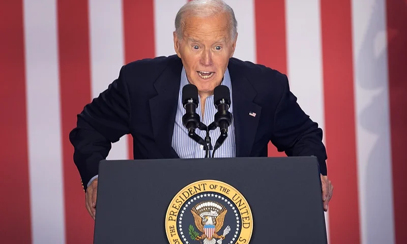 MADISON, WISCONSIN - JULY 05: President Joe Biden speaks to supporters during a campaign rally at Sherman Middle School on July 05, 2024 in Madison, Wisconsin. Following the rally Biden was expected to sit down for a network interview which is expected to air during prime time as the campaign scrambles to do damage control after Biden's poor performance at last week's debate. (Photo by Scott Olson/Getty Images)
