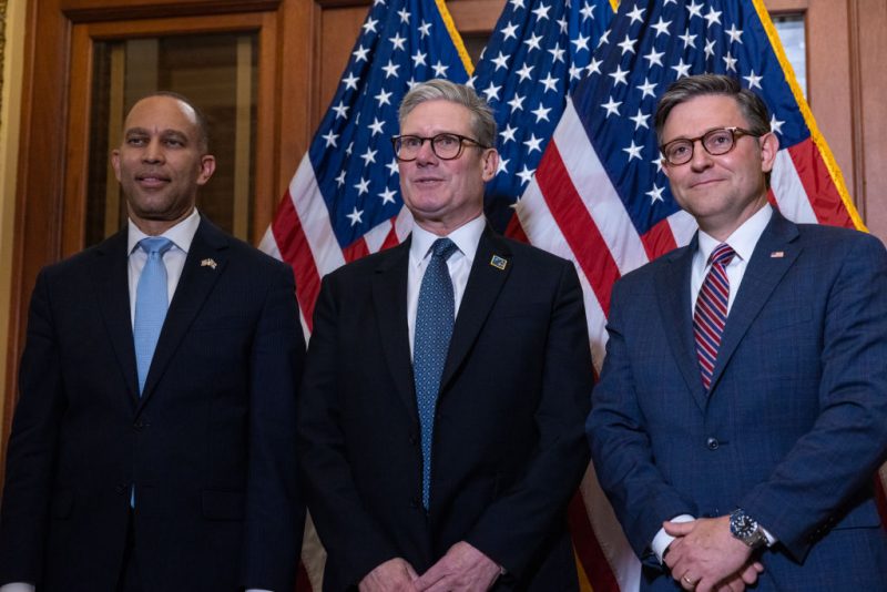 WASHINGTON, DC - JULY 10: House Speaker Mike Johnson (R-LA) and House Minority Leader Hakeem Jeffries (D-NY) meet the United Kingdom's newly elected Prime Minister Keir Starmer at the US Capitol on July 10, 2024 in Washington, DC. This week marks Starmer's first international trip as Prime Minister, having assumed office on July 5, 2024. (Photo by Anna Rose Layden/Getty Images)