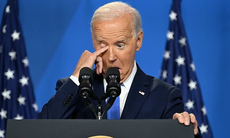 US President Joe Biden gestures as he speaks during a press conference at the close of the 75th NATO Summit at the Walter E. Washington Convention Center in Washington, DC on July 11, 2024. (Photo by SAUL LOEB / AFP) (Photo by SAUL LOEB/AFP via Getty Images)
