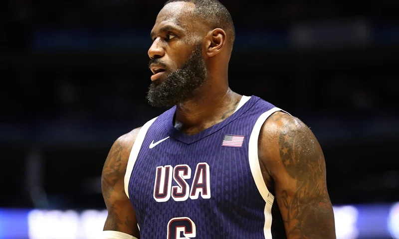 2024 USA Basketball Showcase - USA v South Sudan LONDON, ENGLAND - JULY 20: LeBron James of USA looks on during the 2024 USA Basketball Showcase match between USA and South Sudan at The O2 Arena on July 20, 2024 in London, England. (Photo by Henry Browne/Getty Images)