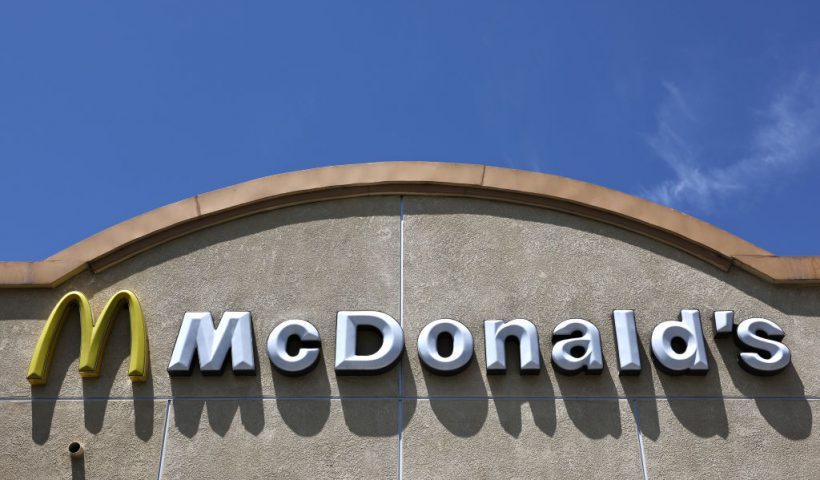 BURBANK, CALIFORNIA - JULY 22: The McDonald's logo is displayed at a McDonald's restaurant on July 22, 2024 in Burbank, California. McDonald’s is extending its $5 meal deal in most U.S. restaurants past its initial four-week offering with the fast-food icon saying the offer has driven customers back to its restaurants. (Photo by Mario Tama/Getty Images)