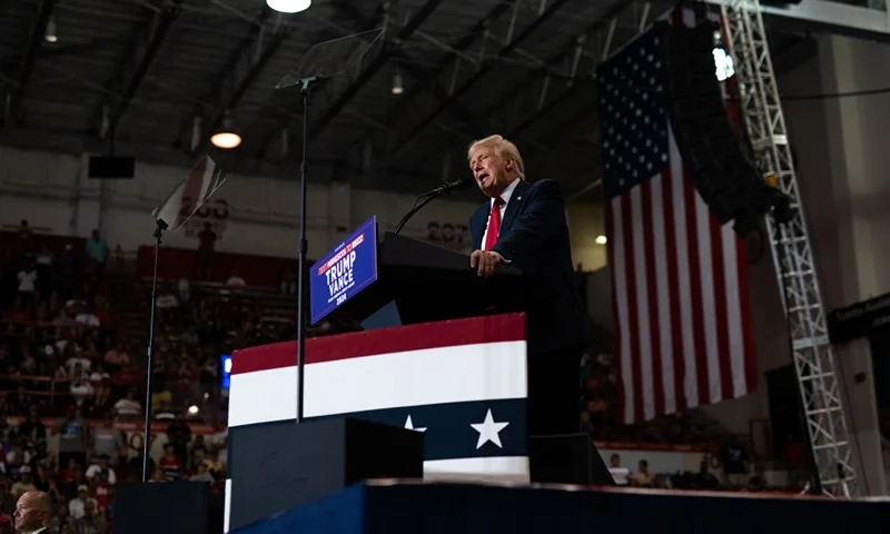 ST CLOUD, MINNESOTA - JULY 27: U.S. Republican Presidential nominee former President Donald Trump leaves the stage after speaking during a rally at Herb Brooks National Hockey Center on July 27, 2024 in St Cloud, Minnesota. Trump hopes to flip the state of Minnesota this November, which hasn't been carried by a Republican in a presidential election since 1972. (Photo by Stephen Maturen/Getty Images)