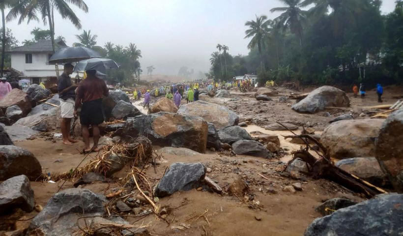 Relief personnel conduct a search and rescue operation at a site following landslides in Wayanad on July 30, 2024. Landslides in India triggered by pounding monsoon rains struck tea plantations and killed at least 93 people on July 30, with at least 250 others rescued from mud and debris, officials said. (Photo by R. J. Mathew / AFP) (Photo by R. J. MATHEW/AFP via Getty Images)