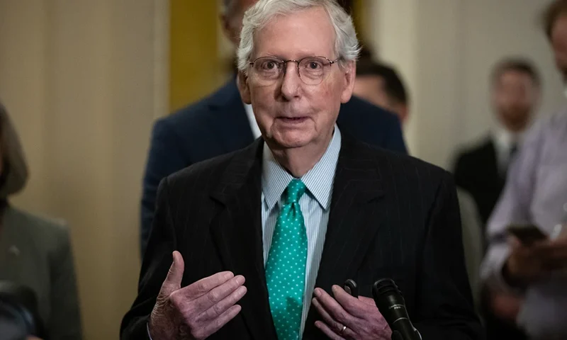 Senate-Democrats-and-Republicans-hold-weekly-press-conferences-J Senate Minority Leader Mitch McConnell (R-KY) answers questions during Senate Republicans' weekly press conference outside the Senate chamber, Washington, DC, July 30, 2024. Their remarks focused on the border and President Joe Biden's recent proposals for reforming the Supreme Court. (Photo by Allison Bailey / Middle East Images / Middle East Images via AFP) (Photo by ALLISON BAILEY/Middle East Images/AFP via Getty Images)