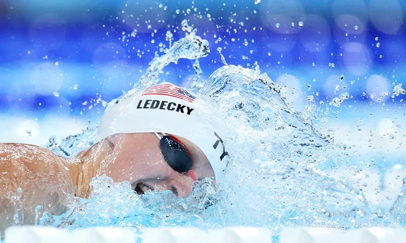 NANTERRE, FRANCE - JULY 30: Katie Ledecky of Team United States competes in the Women’s 1500m Freestyle Heats on day four of the Olympic Games Paris 2024 at Paris La Defense Arena on July 30, 2024 in Nanterre, France. (Photo by Adam Pretty/Getty Images)