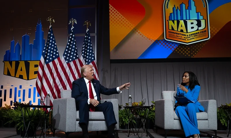 CHICAGO, ILLINOIS - JULY 31: Republican presidential candidate former President Donald Trump speaks with Rachel Scott, senior congressional correspondent for ABC News during a question and answer session at the National Association of Black Journalists (NABJ) convention at the Hilton Hotel on July 31, 2024 in Chicago, Illinois. Trump also fielded questions from Harris Faulkner, anchor of The Faulkner Focus on FOX News and Kadia Goba, politics reporter at Semafor during the event. (Photo by Scott Olson/Getty Images)