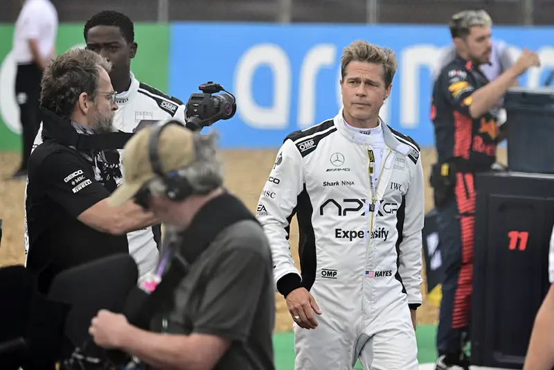 Actor Brad Pitt during the filming of an F1-inspired movie Pool via REUTERS/Christian Bruna/File Photo
