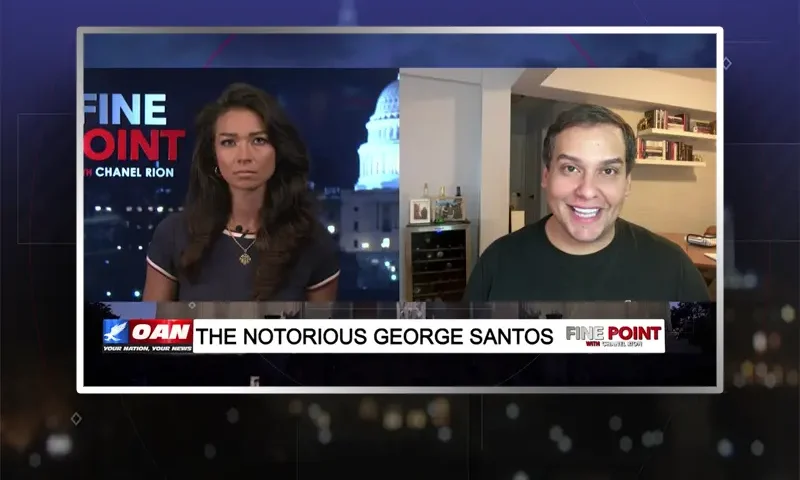 Video still from Fine Point on One America News Network showing a split screen of the host on the left side, and on the right side is the guest, George Santos.