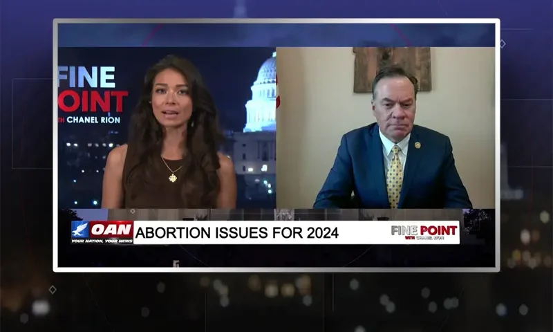 Video still from Fine Point on One America News Network showing a split screen of the host on the left side, and on the right side is the guest, Russ Fulcher.