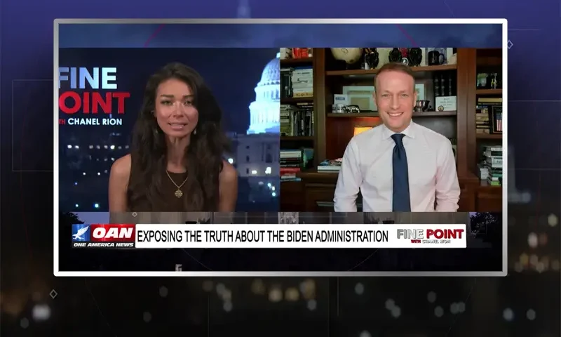 Video still from Fine Point on One America News Network showing a split screen of the host on the left side, and on the right side is the guest, Adam Andrzejewski .