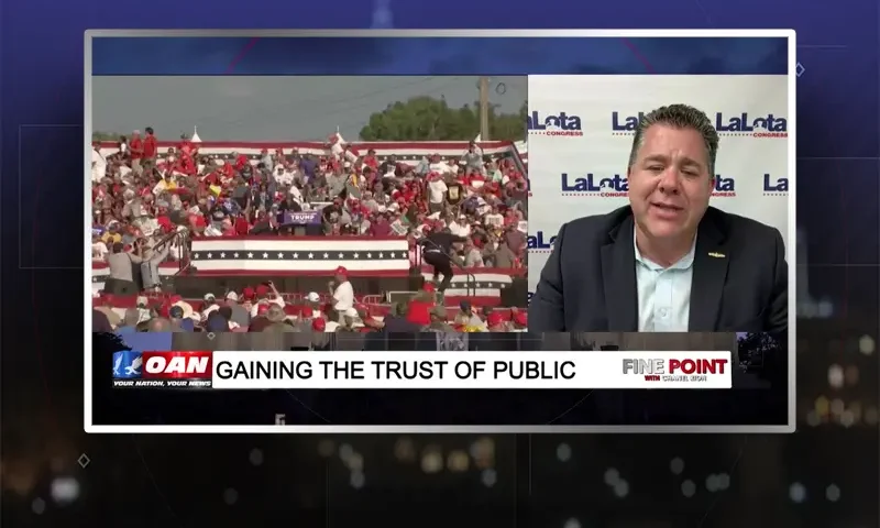 Video still from Fine Point on One America News Network during an interview with the guest, Nick Lalota.