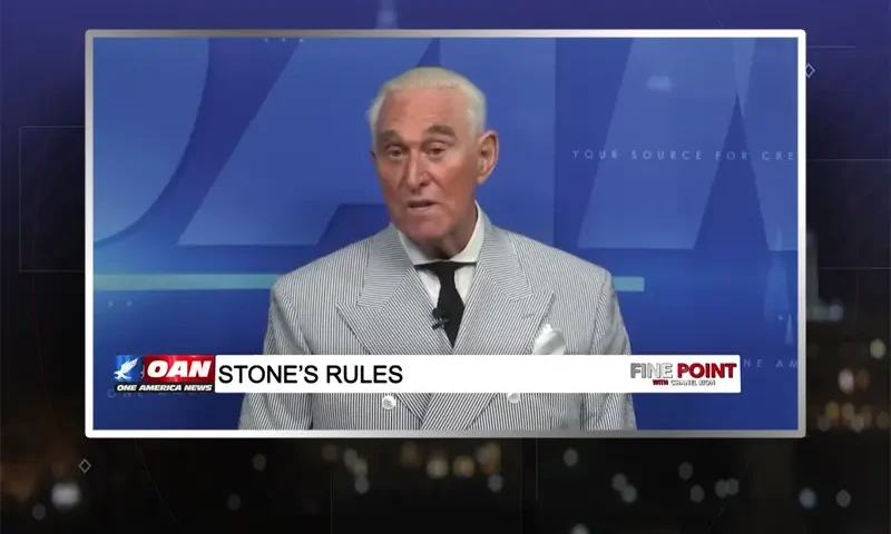 Video still from Fine Point on One America News Network during an interview with the guest, Roger Stone.