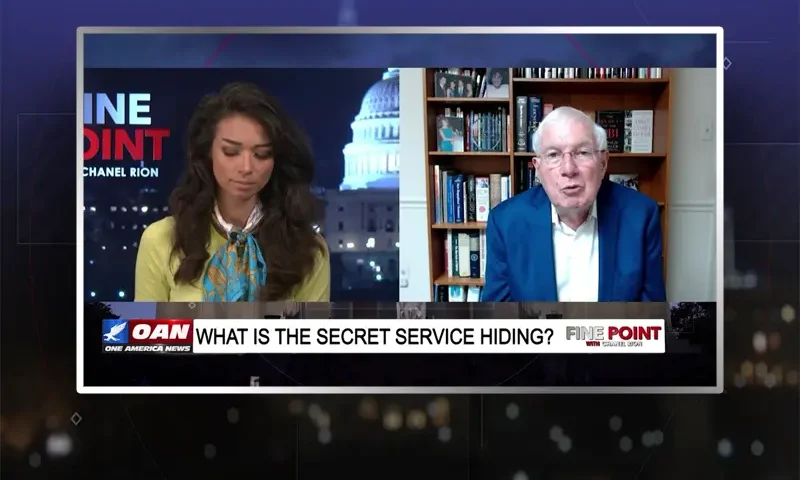 Video still from Fine Point on One America News Network showing a split screen of the host on the left side, and on the right side is the guest, Ronald Kessler.