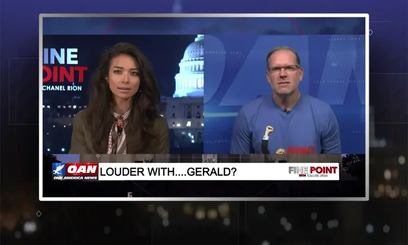 Video still from Fine Point on One America News Network showing a split screen of the host on the left side, and on the right side is the guest, Gerald Morgan Jr..