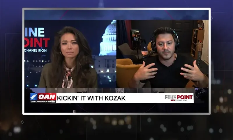 Video still from Fine Point on One America News Network showing a split screen of the host on the left side, and on the right side is the guest, Ami Kozak.